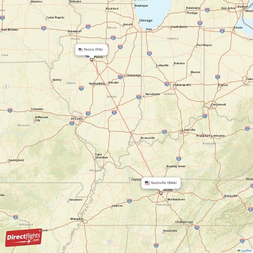 Nashville - Peoria direct flight map