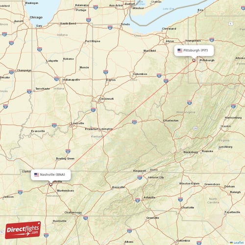 Nashville - Pittsburgh direct flight map