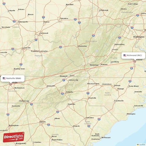 Nashville - Richmond direct flight map