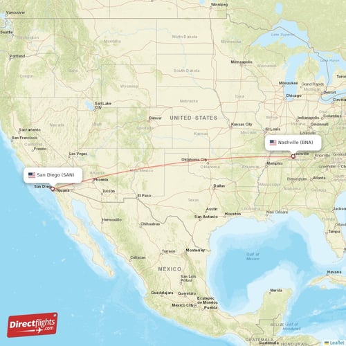 Nashville - San Diego direct flight map