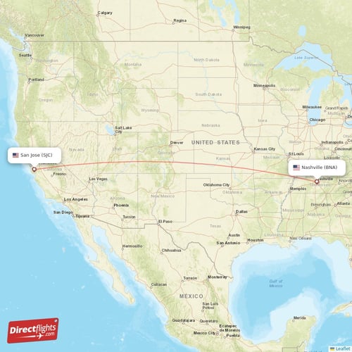 Nashville - San Jose direct flight map