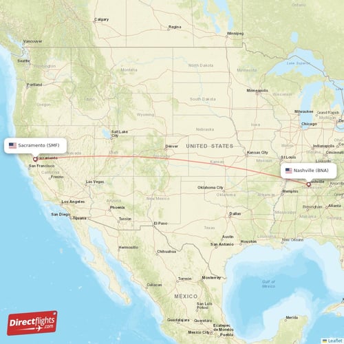Nashville - Sacramento direct flight map