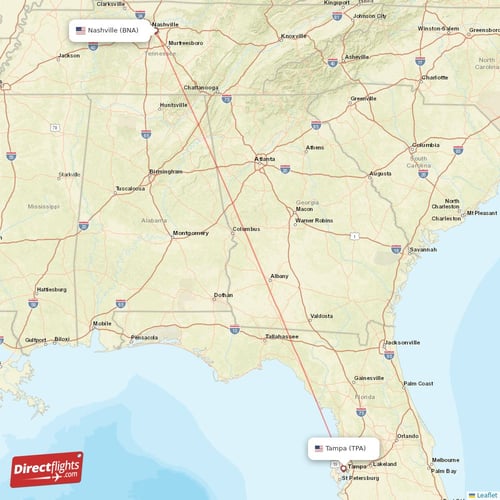 Nashville - Tampa direct flight map