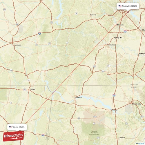Nashville - Tupelo direct flight map
