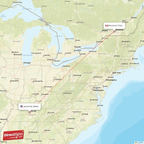Nashville - Montreal direct flight map