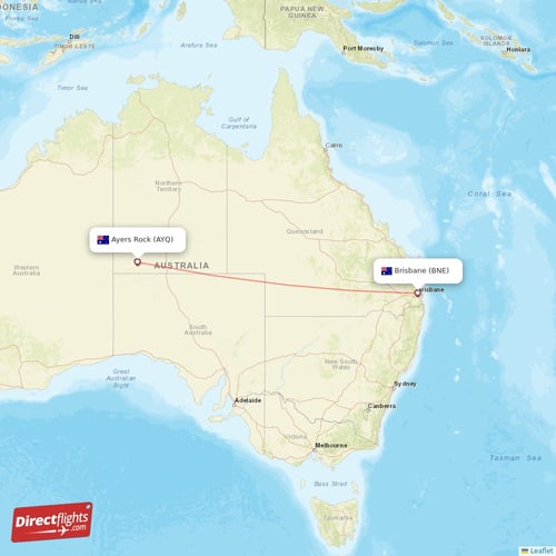 Brisbane - Ayers Rock direct flight map