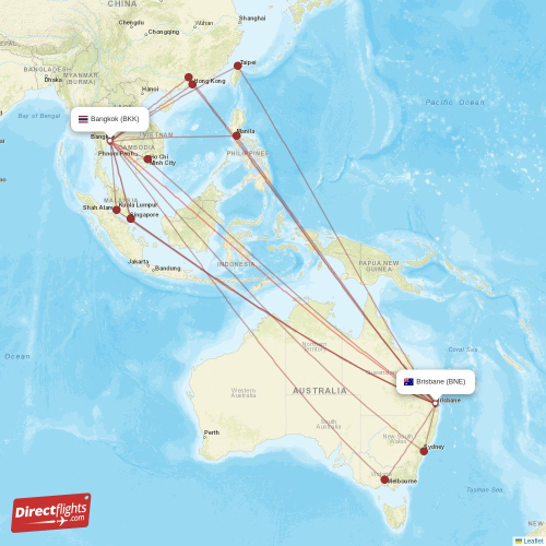 Brisbane - Bangkok direct flight map