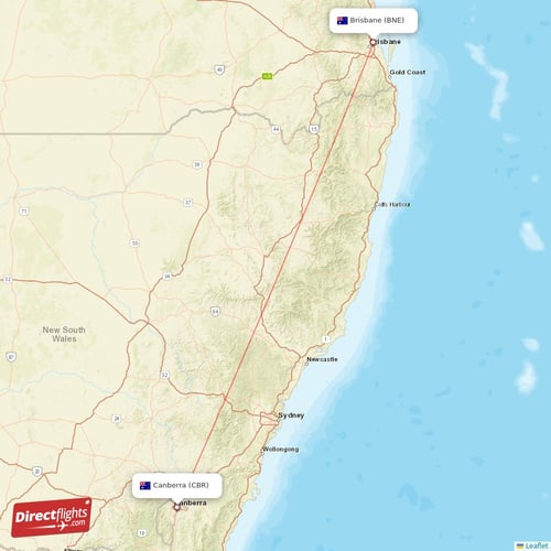 Brisbane - Canberra direct flight map
