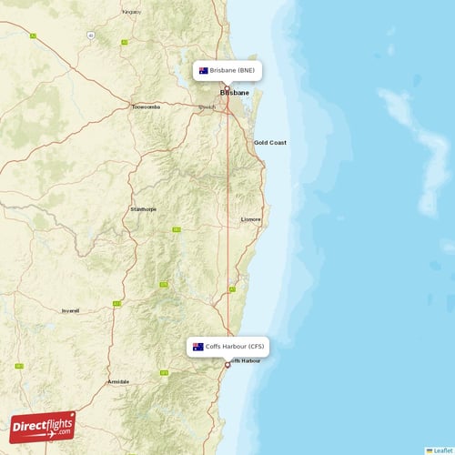 Brisbane - Coffs Harbour direct flight map
