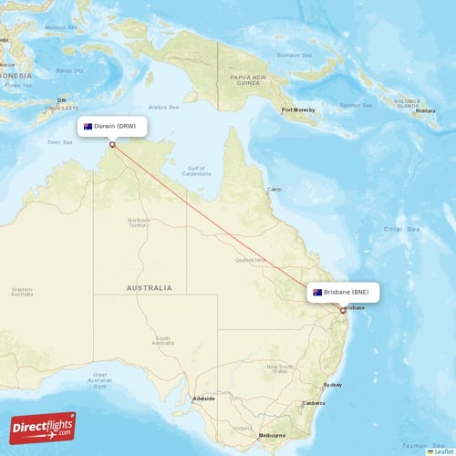 Brisbane - Darwin direct flight map
