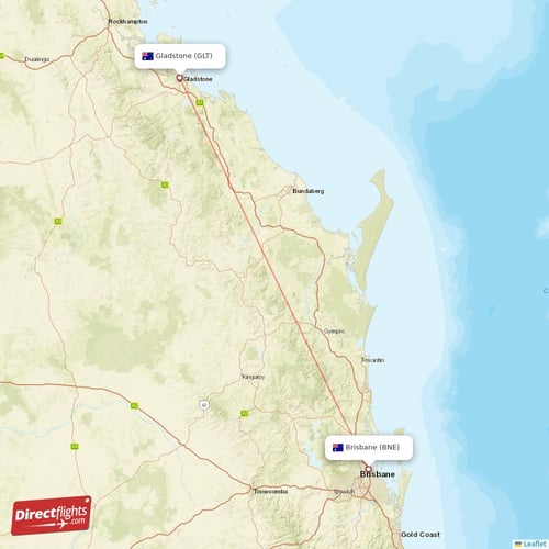 Brisbane - Gladstone direct flight map