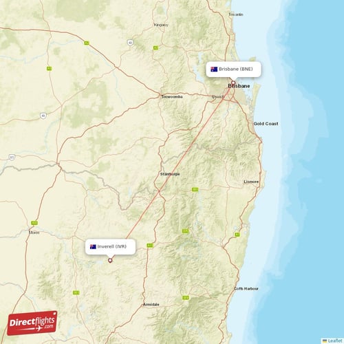 Brisbane - Inverell direct flight map