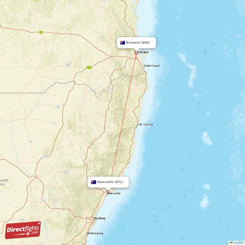 Brisbane - Newcastle direct flight map