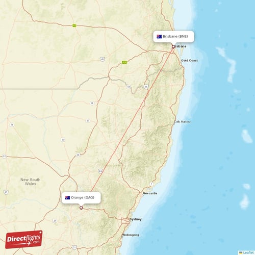 Brisbane - Orange direct flight map