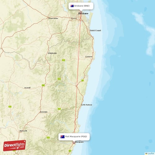 Brisbane - Port Macquarie direct flight map
