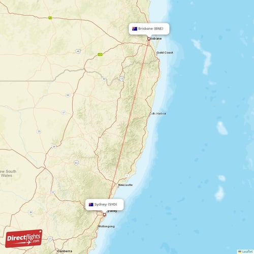 Brisbane - Sydney direct flight map