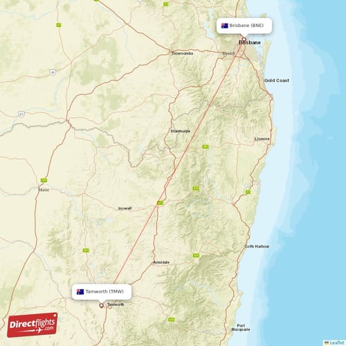 Brisbane - Tamworth direct flight map