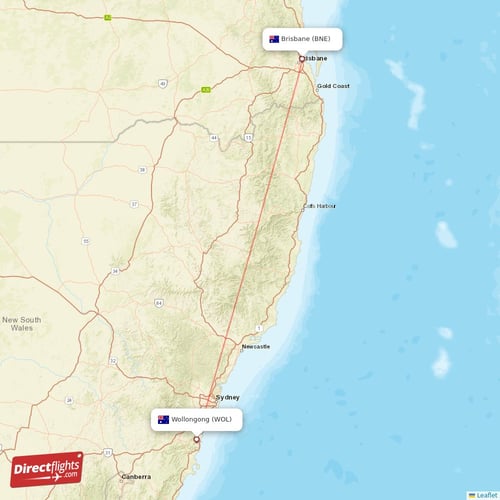 Brisbane - Wollongong direct flight map