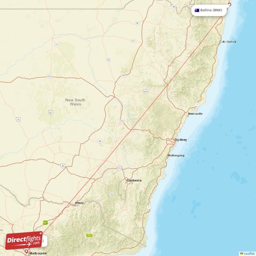 Ballina - Melbourne direct flight map