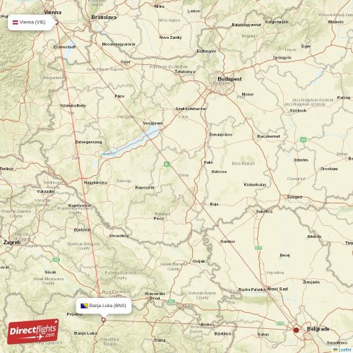 Banja Luka - Vienna direct flight map