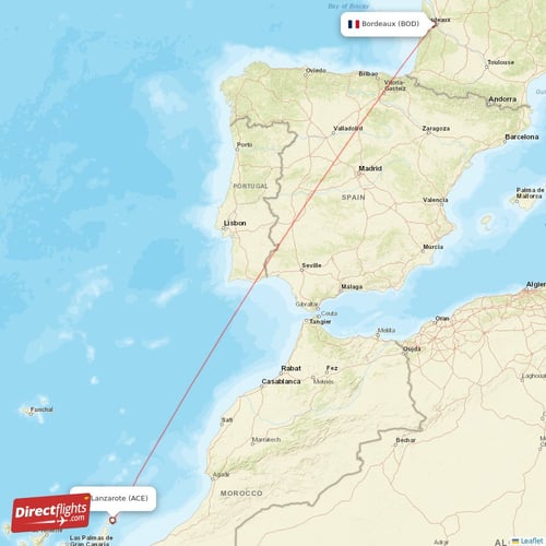 Bordeaux - Lanzarote direct flight map