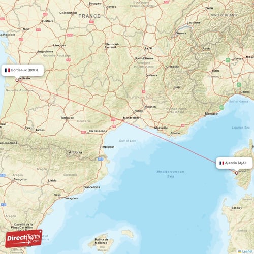 Bordeaux - Ajaccio direct flight map