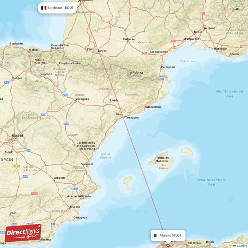 Bordeaux - Algiers direct flight map