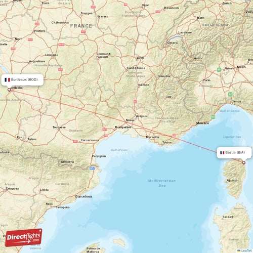 Bordeaux - Bastia direct flight map