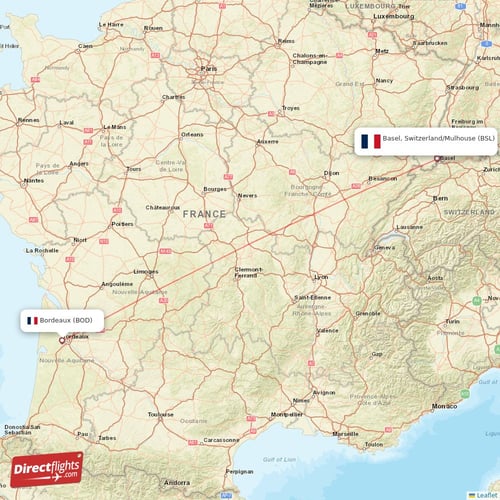 Bordeaux - Basel, Switzerland/Mulhouse direct flight map