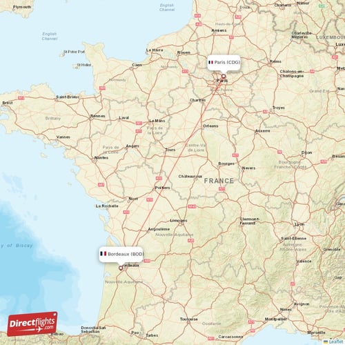 Bordeaux - Paris direct flight map