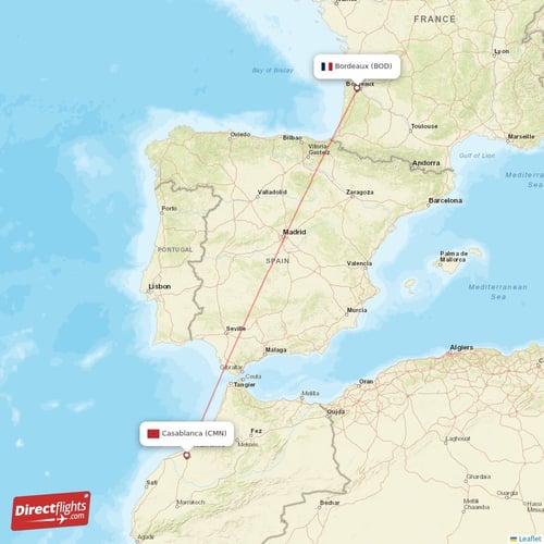 Bordeaux - Casablanca direct flight map
