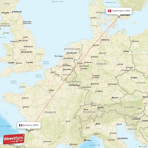 Bordeaux - Copenhagen direct flight map