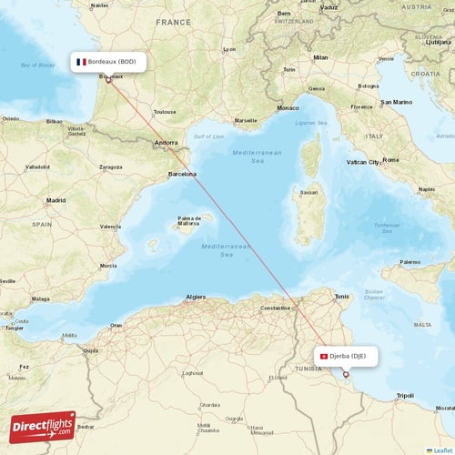 Bordeaux - Djerba direct flight map