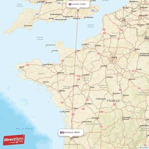 Bordeaux - London direct flight map