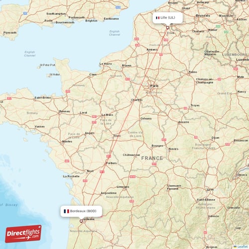Bordeaux - Lille direct flight map