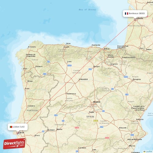 Bordeaux - Lisbon direct flight map