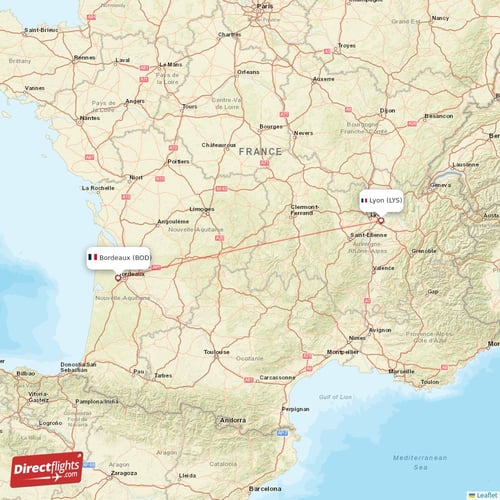 Bordeaux - Lyon direct flight map