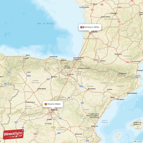 Bordeaux - Madrid direct flight map