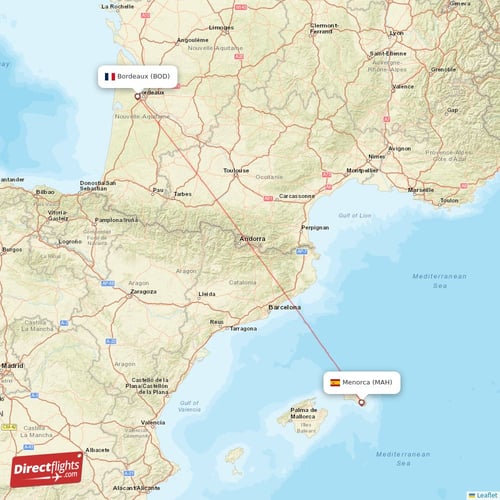 Bordeaux - Menorca direct flight map