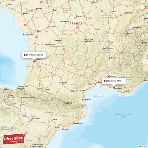 Bordeaux - Marseille direct flight map