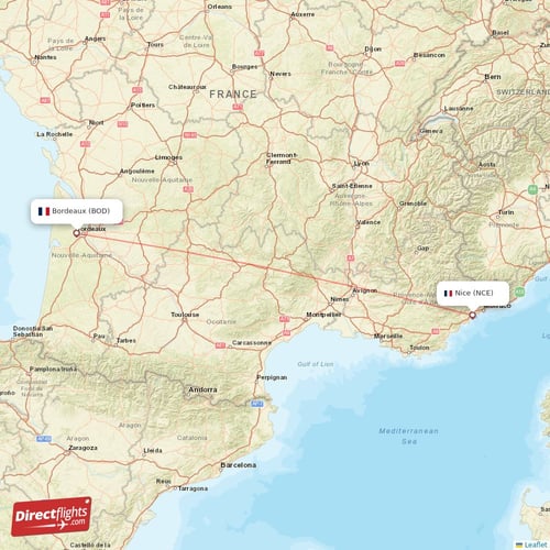 Bordeaux - Nice direct flight map