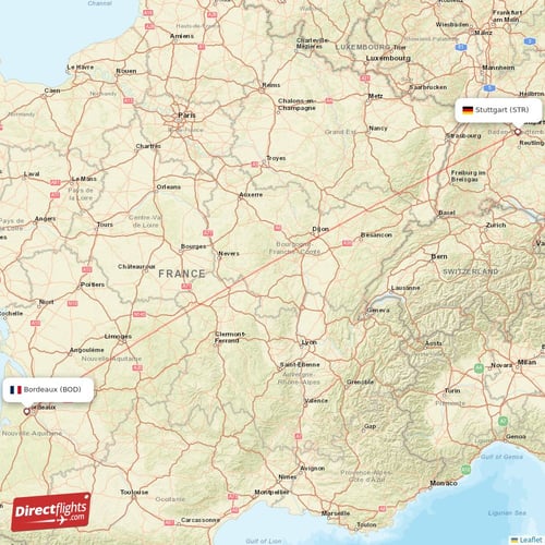 Bordeaux - Stuttgart direct flight map