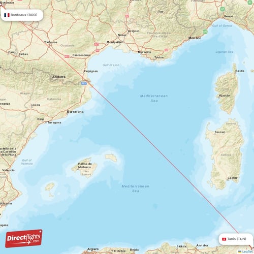 Bordeaux - Tunis direct flight map