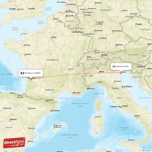 Bordeaux - Venice direct flight map