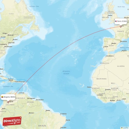Bogota - Paris direct flight map