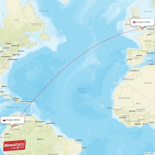 Bogota - London direct flight map