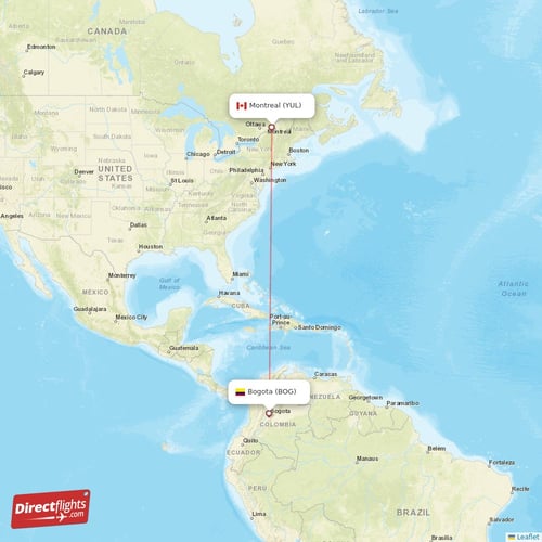 Bogota - Montreal direct flight map