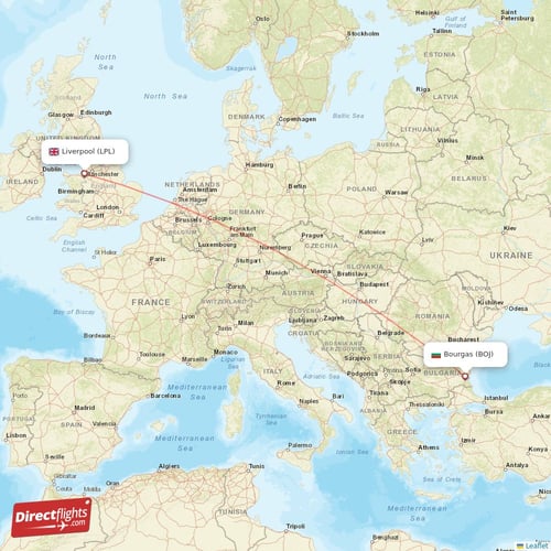 Bourgas - Liverpool direct flight map
