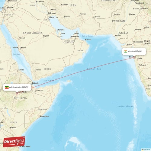 Mumbai - Addis Ababa direct flight map