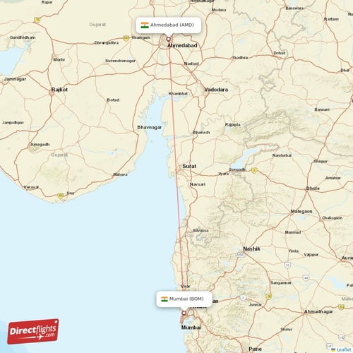 Mumbai - Ahmedabad direct flight map